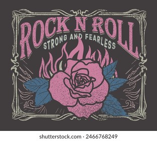 Rock and roll vector t-shirt design. Fire with Flower artwork. Strong and fearless. Rose flower. Music world tour artwork.