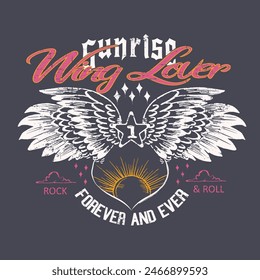 Rock and Roll Vibes wing print artwork, vintage retro color women's graphic tee , slogan text for wing lover, forever ever , sunrise under the wings