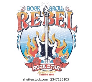 Rock and roll vintage artwork for apparel, stickers, posters, background and others. Guitar vector design.