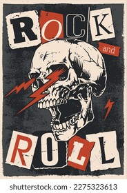 Rock and roll vintage colorful poster with screaming skull for music album cover design or magazine pages vector illustration