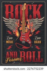 Rock and roll vintage colorful poster with guitar for heavy metal performance for music magazine design vector illustration