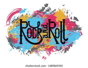 Rock and roll. Vintage hand drawn lettering on grunge abstract background. Retro vector illustration. Design, retro card, print, t-shirt, postcard