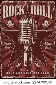 Rock and roll vintage monochrome flyer with microphone and star for punk or hardcore culture and rocker community vector illustration