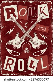 Rock and roll vintage monochrome poster with two guitars for rocker for promo party in heavy metal nightclub vector illustration