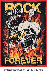 Rock and roll vintage poster colorful with skull and music column burning in fire near word forever vector illustration