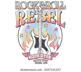 Rock and roll vintage print design. Guitar vector artwork for apparel, stickers, posters, background and others. 