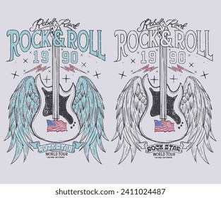 Rock and roll vintage print design. Guitar vector artwork for apparel, stickers, posters, background and others. Rock world tour artwork. Rock star vintage artwork.