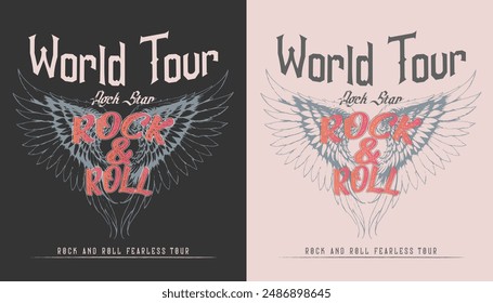 Rock and roll vintage print design. Music world tour vector artwork for apparel, stickers, posters, background and others. Eagle wing and diamond design. Rebel rock music poster design.