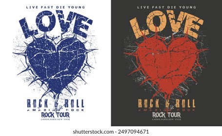 Rock and roll vintage print design. Music world tour vector artwork for apparel, stickers, posters, background and others. Eagle wing and diamond design. Rebel rock music poster design.
