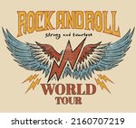 Rock and roll vintage t shirt design. Thunder  with eagle wing vector artwork for apparel, stickers, posters, background and others. Rock tour vintage artwork.