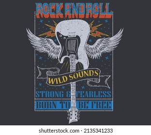 Rock and roll vintage t shirt design. Guitar with eagle wing vector artwork for poster, sticker, fashion and others.