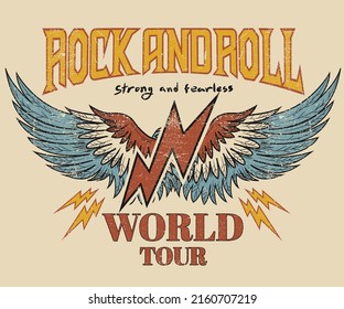 Rock and roll vintage t shirt design. Thunder  with eagle wing vector artwork for apparel, stickers, posters, background and others. Rock tour vintage artwork.