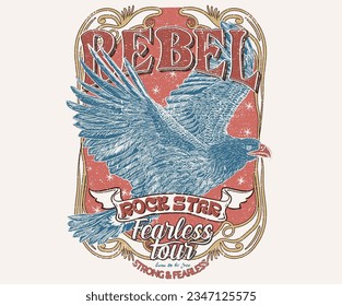 Diseño de camisetas vintage de rock and roll. Trueno con arte vectorial del ala águila para prendas de vestir, pegatinas, afiches, fondo y otros. Obra de arte vintage del tour de rock.