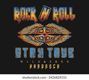 Rock and roll vintage t shirt design wing vector artwork for poster, sticker, fashion and others Print-1