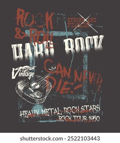 Diseño de camiseta vintage de Rock y rollo. Diseño de camiseta de Vector de Rock y rollo. Vive para siempre. Obra de arte de la gira mundial de música. Salvaje y libre. Diseño de logotipo de eslogan musical