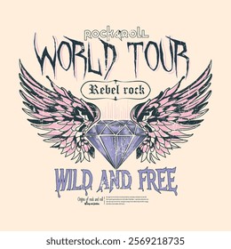 Rock and roll vintage t shirt design. wing print design. world tour poster. sweatshirt. girls graphics. vintage t shirt print, Hand Drawn wing. Rock and roll. background and other music poster, 