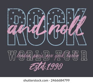 Diseño de camiseta vintage de Rock y rollo. Diseño de impresión gráfica de eslogan musical. Rock estrella tipografía de arte para la ropa, pegatina, Lote, fondo, cartel y otros.