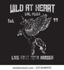 Rock and roll wild at heart slogan with pegasus horse illustration, print graphic design rock style fashion street wear illustration