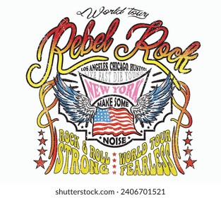 Rock and roll with wing logo artwork for apparel and others. USA flag poster design. Los Angeles, Chicago, Huston and New York rock tour. Music world tour. Eagle vintage vector t shirt design.