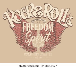 Rock and roll with wing logo artwork for t-shirt and others. Freedom spirit music artwork. Eagle vintage vector t shirt design.