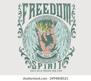 Rock y rollo con el logotipo del ala ilustraciones para la camiseta y otros. Arte de música Freedom spirit.