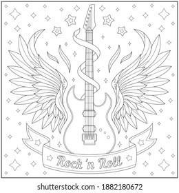 Rock and roll winged guitar with beautiful ornament and star. Learning and education coloring page illustration for adults and children. Outline style, black and white drawing