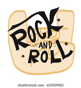 Rock and Roll word lettering and rocker hand sign cartoon vector illustration