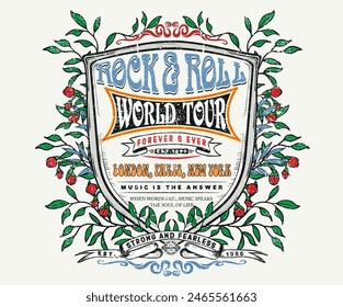 Rock and roll world tour artwork. Flower vector t-shirt design.  Free spirit vintage artwork. Rock and roll poster design. Music festival artwork. Music logo design.