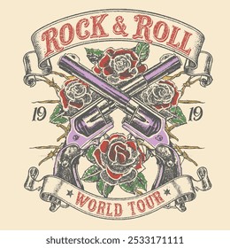 Rock y rollo, eslogan de la gira mundial. Diseño del cartel de la música de la flor de Rose. diseño de la impresión de la vendimia de las mujeres. camiseta de las ilustraciones del Vector de la música del rock para la ropa, las pegatinas, los carteles, el fondo y otros. hace s