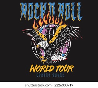 Rock and roll, World tour vector print design. Eagle fly graphic print design. World fire artwork. 
