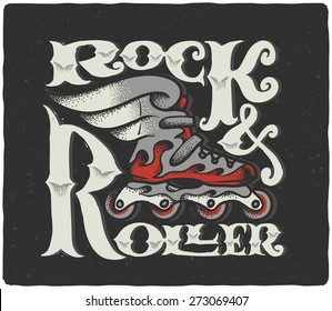 "Rock & Roller" vintage lettering composition. Stylized roller skate with wings illustration.