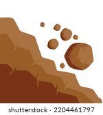 Rock rolls off cliff. Falling boulder. Rockfall and landslide. Brown earth. Flat cartoon illustration. Business concept of crisis and problems. Element of nature and mountains