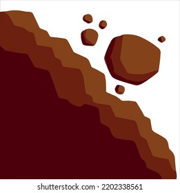 Rock Rolls Off Cliff. Falling Boulder. Rockfall And Landslide. Brown Earth. Flat Cartoon Illustration. Business Concept Of Crisis And Problems. Element Of Nature And Mountains