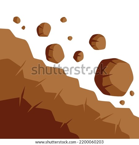 Rock rolls off cliff. Falling boulder. Rockfall and landslide. Brown earth. Flat cartoon illustration. Business concept of crisis and problems. Element of nature and mountains