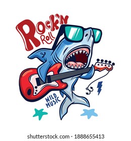 Rock and roll.Shark playing guitar vector print.Shark character design.Vector illustration design for fashion fabrics, textile graphics, print.