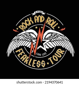 ROCK AND ROOL, long live, fearless tour, Rock and roll vintage t shirt design. Rock tour vintage artwork. Thunder with eagle wing vector artwork for apparel, stickers, posters, background and others. 