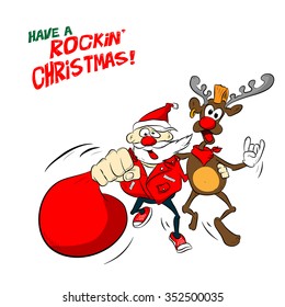Rock Santa and reindeer illustration. Isolated on white background