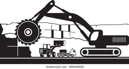 Rock saw excavator cutting stone deposits – vector illustration