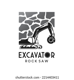 Rock saw excavator logo design, heavy equipment chainsaw vector illustration