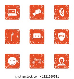 Rock school icons set. Grunge set of 9 rock school vector icons for web isolated on white background