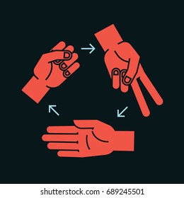 Rock, Scissors, Paper. Gestures. Stylized hands in form of objects for hand game. Vector illustration on dark background. Orange-red silhouette. Icon. Rules.