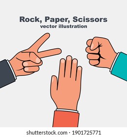 Rock, Scissors, Paper. Hand game. Finger gestures. Vector illustration flat design. Isolated on white background. Fist, palm and two fingers.