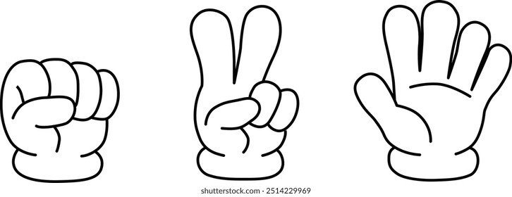 Rock, scissors, paper hand sign icon set. Line drawing. Vector illustration