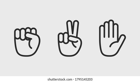Rock  scissors  paper icons  Hand gestures icons set  Rock  scissors  paper icons isolated white background  Vector illustration