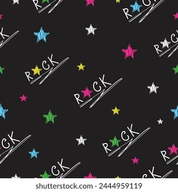 Rock seamless pattern with colored stars on gray background.Rock text pattern.Vector.