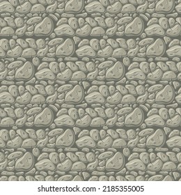 Rock Seamless Pattern, Stone And Pebble Texture. Cartoon Wall Construction For Round Garden, Sea, Boulders And Landscaping. Boulder And Rubble Mountain. Concrete Elements. Vector Background