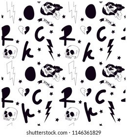 Rock seamless pattern.Skull and rose hand drawing.Vector print.Rock'n'Roll elements grunge style repeat pattern.