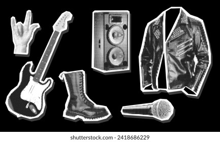 Rock set in a collage in the style of grunge pop art. Black and white image on black. Clothes look like a clipping from a magazine. Bright large and small dots create a figure. Music Monochrome art