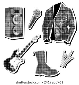 Rock set in a collage in the style of grunge pop art. Black and white image on white. Clothes look like a clipping from a magazine. Bright large and small dots create a figure. Music, style, top, fun