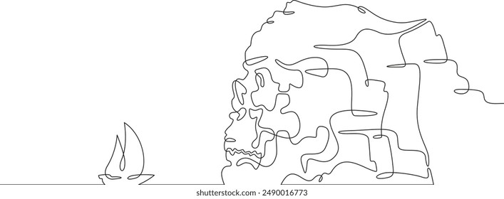 Rock in the shape of a skull. Yacht near the sea cliff. Ship. Skull.Mountain seascape.One continuous line. Line art. Minimum one line. White background. One line drawing.